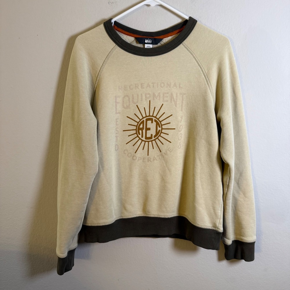 REI Co-op Unisex Small Tan Olive Green Graphic Crewneck Fleece Sweatshirt PNW
